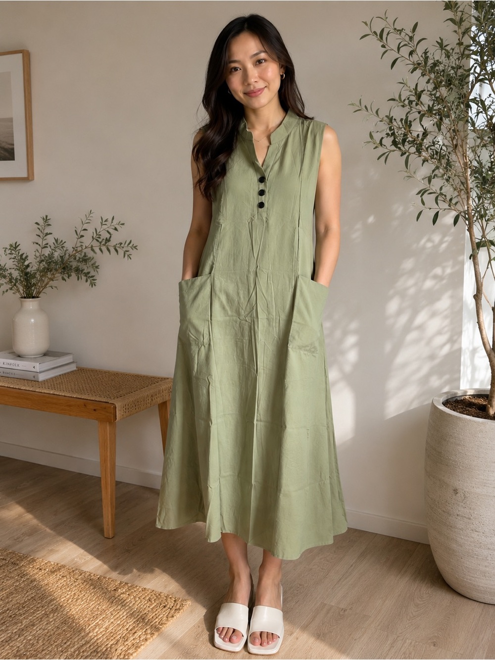Olive Green Sleeveless Midi Dress with Pockets – XL